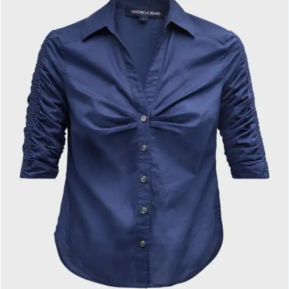 Veronica Beard Navy Button-Down Shirt with Ruched Sleeves